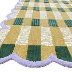 Matilda Hand-Tufted Gold Plaid Wool Rug with Scalloped Edge