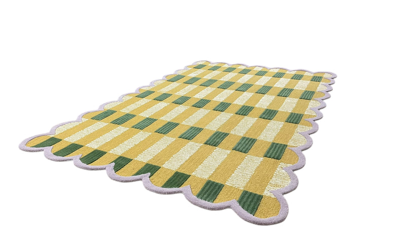 Matilda Hand-Tufted Gold Plaid Wool Rug with Scalloped Edge