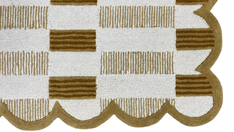 Matilda Hand-Tufted Ivory & Beige Plaid Wool Rug with Scalloped Edge