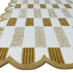 Matilda Hand-Tufted Ivory & Beige Plaid Wool Rug with Scalloped Edge