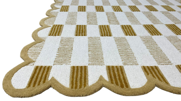 Matilda Hand-Tufted Ivory & Beige Plaid Wool Rug with Scalloped Edge