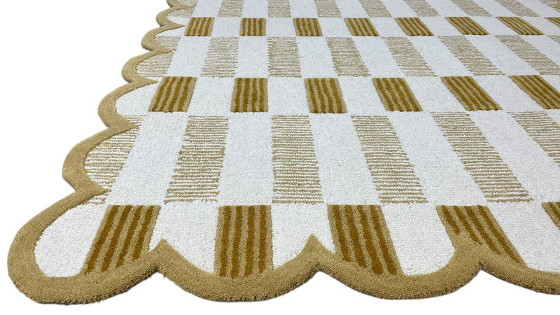 Matilda Hand-Tufted Ivory & Beige Plaid Wool Rug with Scalloped Edge