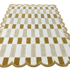 Matilda Hand-Tufted Ivory & Beige Plaid Wool Rug with Scalloped Edge