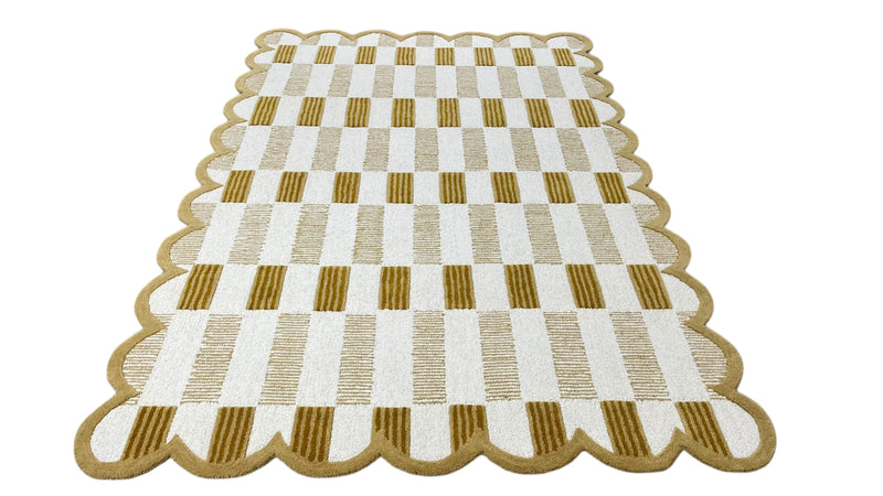 Matilda Hand-Tufted Ivory & Beige Plaid Wool Rug with Scalloped Edge