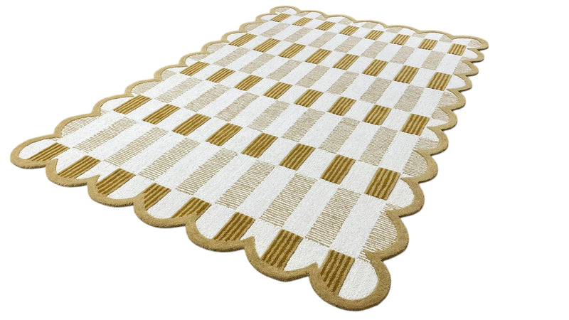 Matilda Hand-Tufted Ivory & Beige Plaid Wool Rug with Scalloped Edge