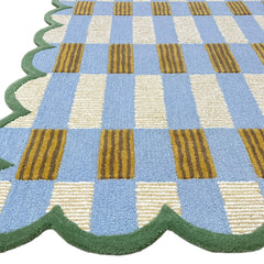 Matilda Hand-Tufted Blue Plaid Wool Rug with Scalloped Edge