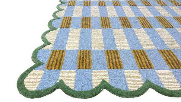Matilda Hand-Tufted Blue Plaid Wool Rug with Scalloped Edge