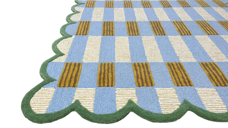 Matilda Hand-Tufted Blue Plaid Wool Rug with Scalloped Edge