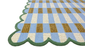 Blue Plaid Wool Rug with Scalloped Edge