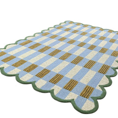 Matilda Hand-Tufted Blue Plaid Wool Rug with Scalloped Edge