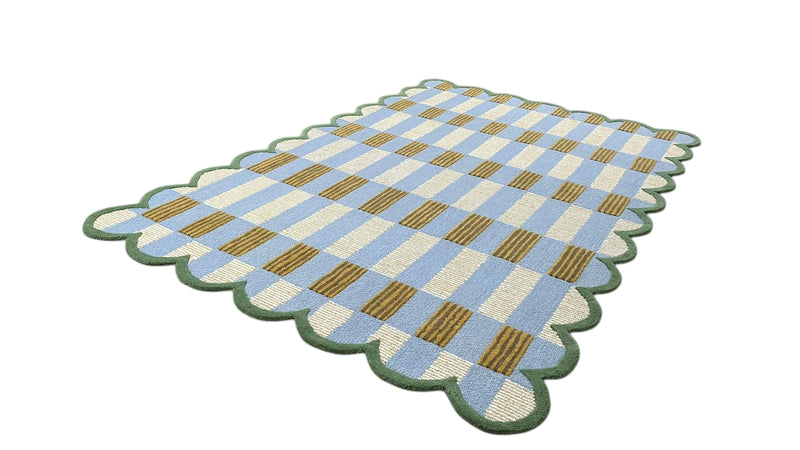 Matilda Hand-Tufted Blue Plaid Wool Rug with Scalloped Edge