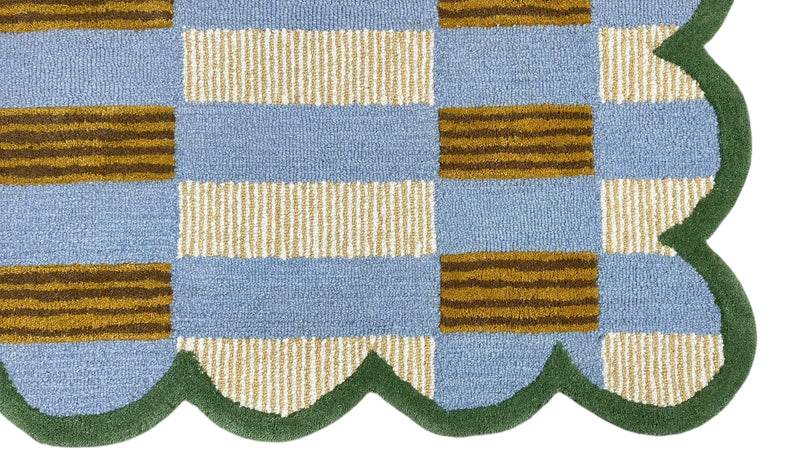 Matilda Hand-Tufted Blue Plaid Wool Rug with Scalloped Edge