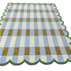 Matilda Hand-Tufted Blue Plaid Wool Rug with Scalloped Edge