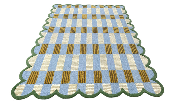 Matilda Hand-Tufted Blue Plaid Wool Rug with Scalloped Edge
