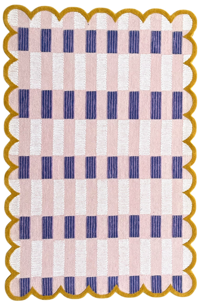 Matilda Hand-Tufted Pink & Purple Plaid Wool Rug with Scalloped Edge