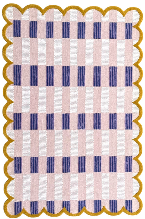 Matilda Hand-Tufted Pink & Purple Plaid Wool Rug with Scalloped Edge