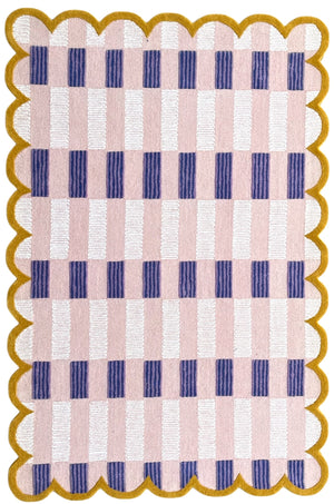 Pink & Purple Plaid Wool Rug with Scalloped Edge