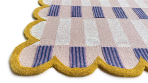 Pink & Purple Plaid Wool Rug with Scalloped Edge