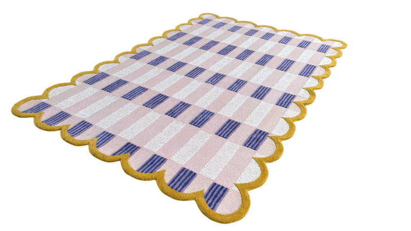 Matilda Hand-Tufted Pink & Purple Plaid Wool Rug with Scalloped Edge