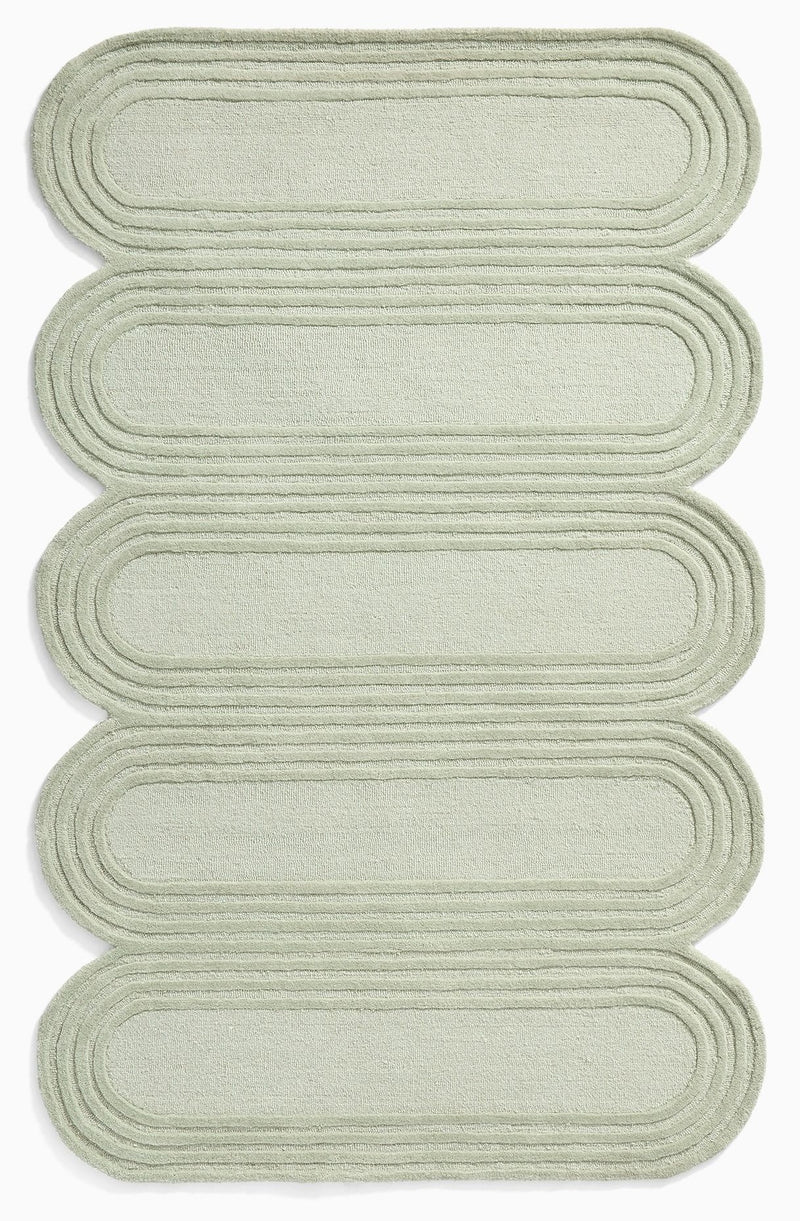 Oblong Scalloped Sage Green Hand-Tufted Wool Rug | Modern Area Rug