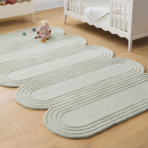 Oblong Scalloped Sage Green Hand-Tufted Wool Rug | Modern Area Rug