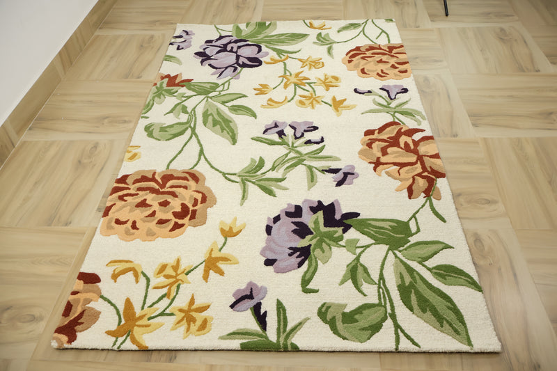 Botanical Bloom Hand-Tufted Wool Rug | Ivory Floral Loop & Cut Pile Modern Area Rug