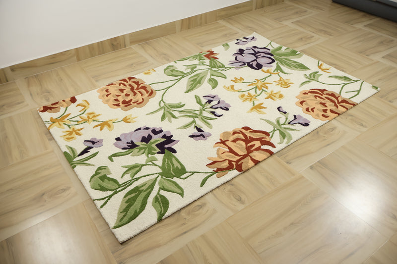 Botanical Bloom Hand-Tufted Wool Rug | Ivory Floral Loop & Cut Pile Modern Area Rug