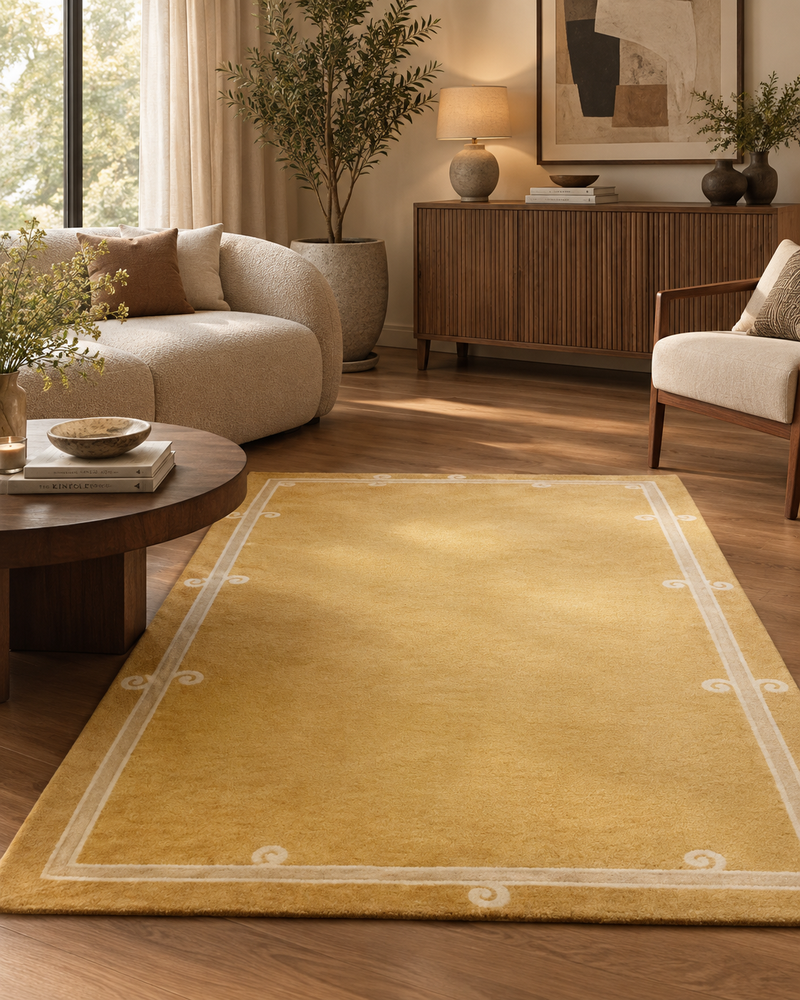 Siracusa Mustard Yellow & Ivory Hand-Tufted Wool Rug | Elegant Border Area Rug