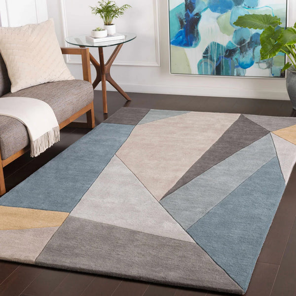 Sky Slate Geometry Hand-Tufted Wool Rug | Blue Grey & Ivory Abstract Color Block Area Rug