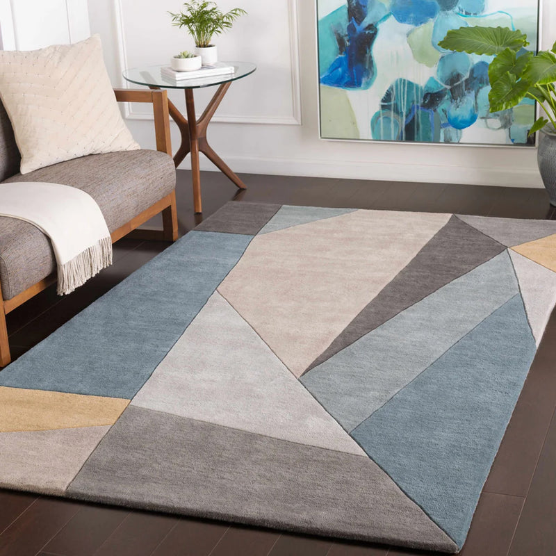 Sky Slate Geometry Hand-Tufted Wool Rug | Blue Grey & Ivory Abstract Color Block Area Rug