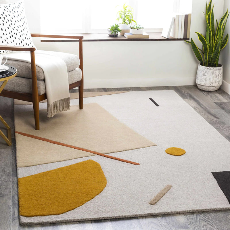 Modern Abstract Geometric Rug – Ivory, Mustard & Beige Contemporary Area Rug