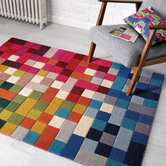 Modern Pixel Art Multicolor Wool Area Rug – Geometric Pixelated Mosaic Carpet