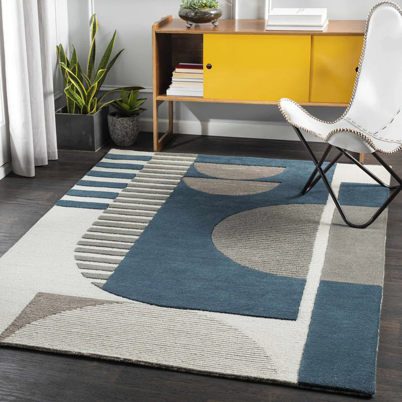 Navy Arch Hand-Tufted Wool Rug | Blue & Taupe Geometric Textured Modern Area Rug