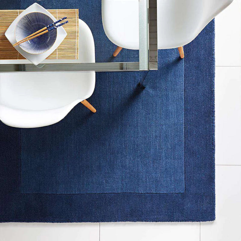 Deep Navy Solid Framed Border Area Rug – Monochromatic Blue Rug