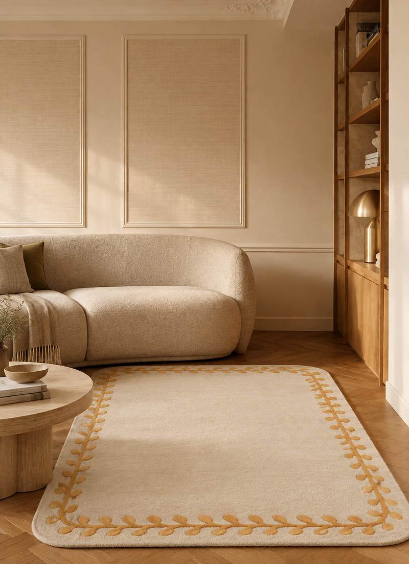 Kala Bordered Minimalist Hand Tufted Rug | Beige Gold