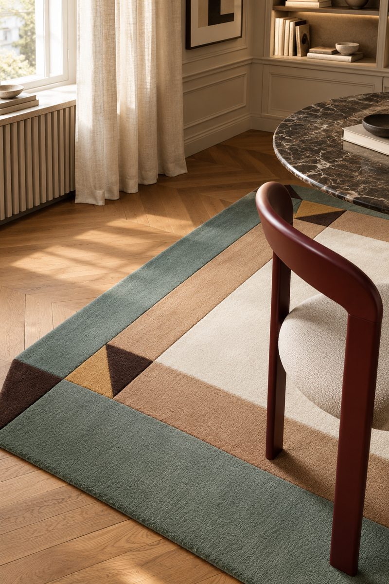 Palatine Ivory Green Geo Rug | Hand-Tufted Wool Geometric Area Rug | Modern Statement Carpet