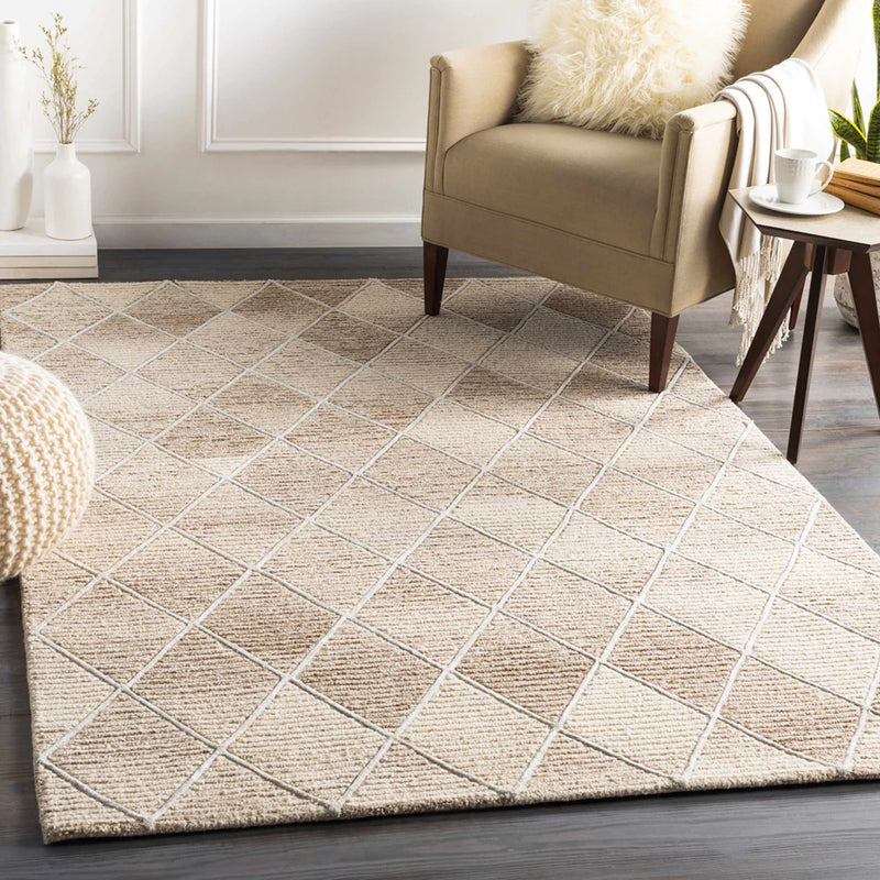 Oatmeal Diamond Trellis Hand-Tufted Wool Rug | Ivory Textured Geometric Modern Area Rug
