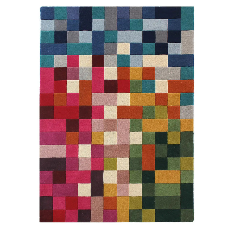 Modern Pixel Art Multicolor Wool Area Rug – Geometric Pixelated Mosaic Carpet