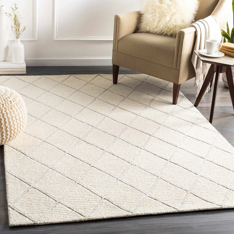 Ivory Diamond Lattice Hand-Tufted Wool Rug | Textured Geometric Modern Area Rug