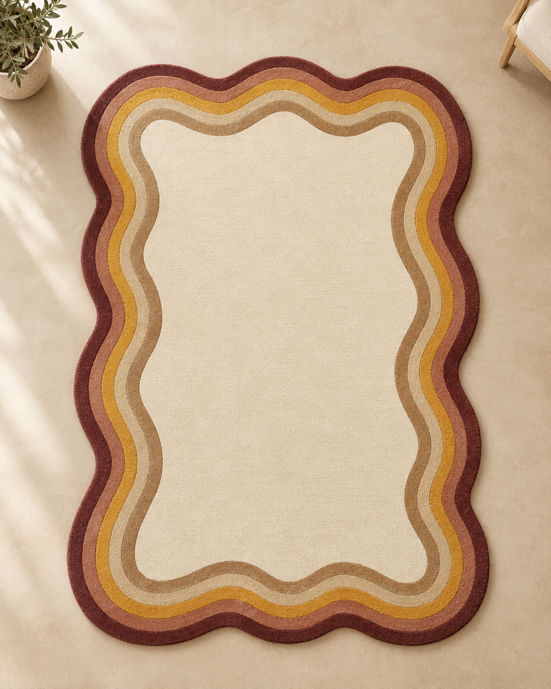 Frago Organic Wavy Border Rug | Rust, Beige & Mustard Modern Area Rug