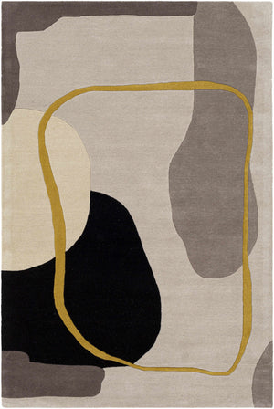 Modern Abstract Organic Rug – Ivory, Black, Grey & Mustard Contemporary Area Rug