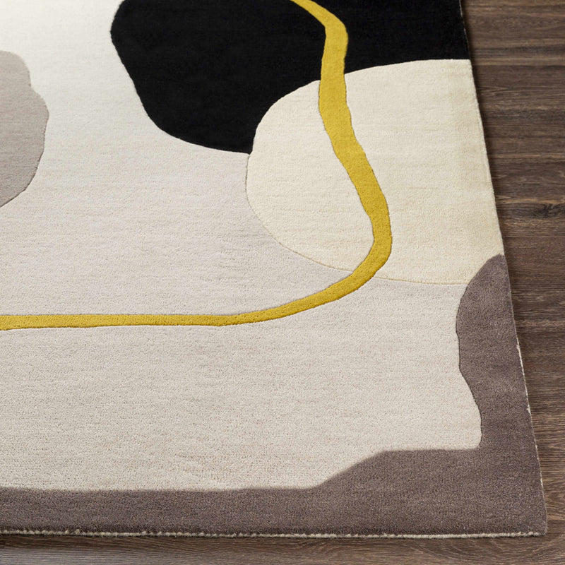 Modern Abstract Organic Rug – Ivory, Black, Grey & Mustard Contemporary Area Rug