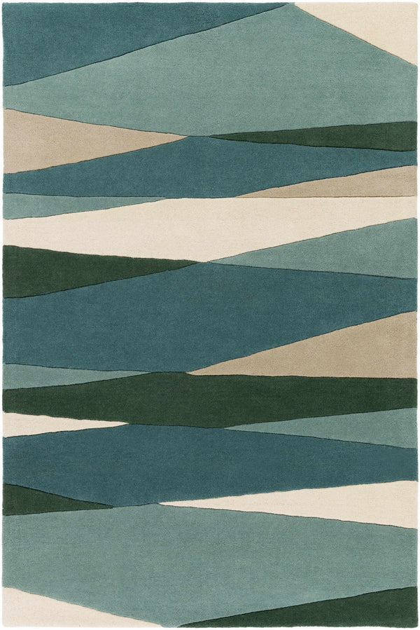 Seafoam Horizon Hand-Tufted Wool Rug | Teal Green & Ivory Abstract Geometric Area Rug