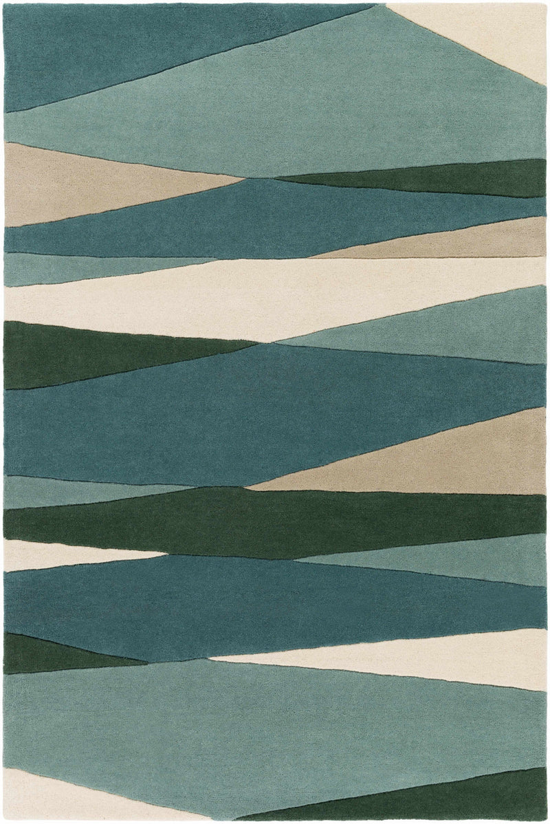 Seafoam Horizon Hand-Tufted Wool Rug | Teal Green & Ivory Abstract Geometric Area Rug