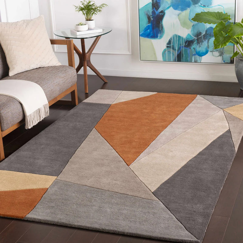 Modern Abstract Geometric Rug – Terracotta, Grey & Ivory Contemporary Area Rug
