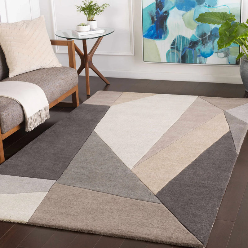 Modern Abstract Geometric Rug – Neutral Grey, Taupe & Ivory Contemporary Area Rug