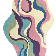 Serpentine pastel irregular hand-tufted wool rug with abstract organic curves in pink, blue, green, plum and ivory.