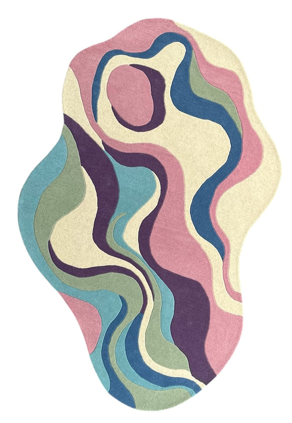 Serpentine pastel irregular hand-tufted wool rug with abstract organic curves in pink, blue, green, plum and ivory.